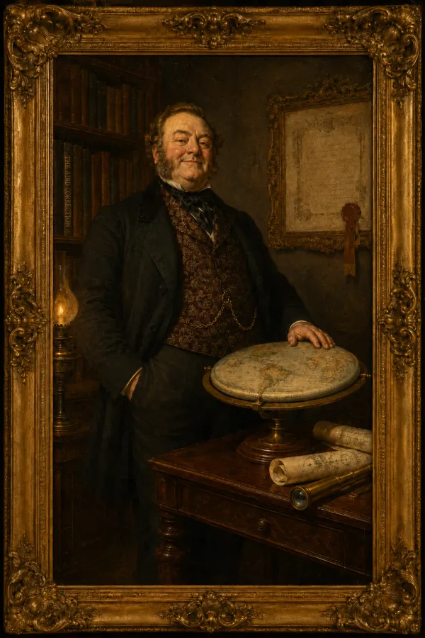 A florid, self-satisfied Victorian gentleman in a good coat, one hand resting on a globe he appears to be flattening