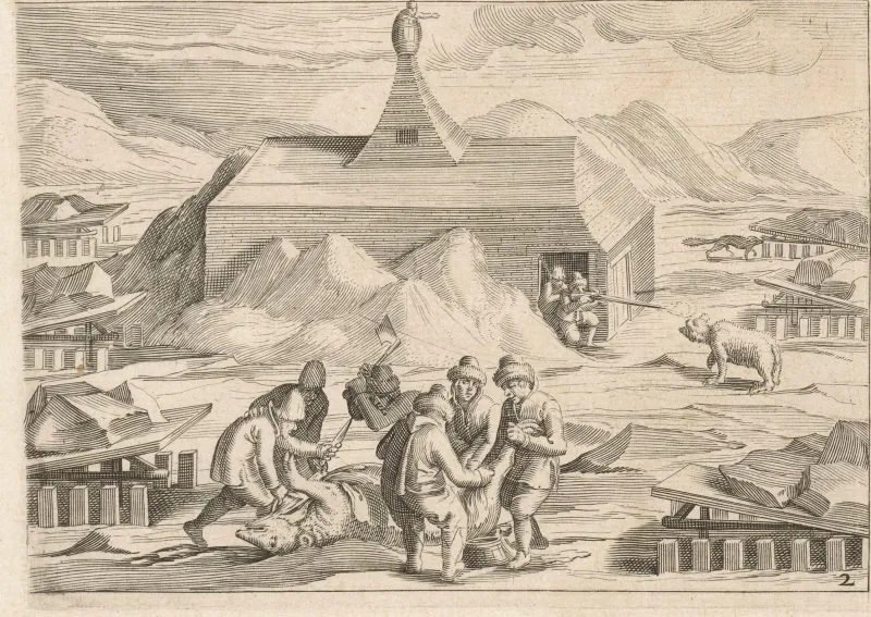 A line engraving of a timber lodge with a finial on its ridge, half buried in snow drifts, in a bare landscape of low hills. Men in furs work in the foreground over a carcass, another fires a musket from the doorway at a polar bear approaching from the right, and cut timber and sledges lie about