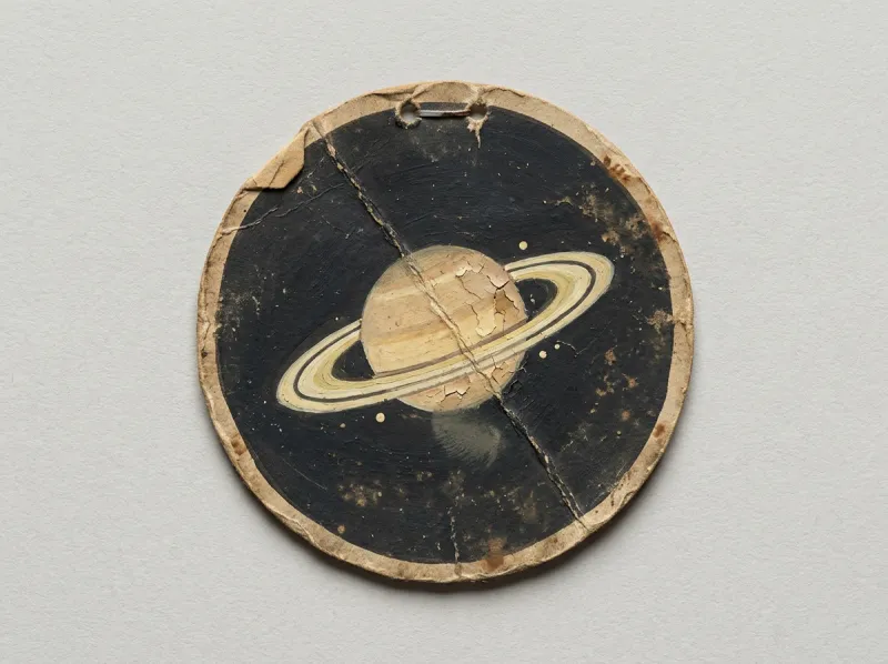 A round, aged pasteboard card hand-painted with Saturn and its rings against a dark night sky, creased across the middle, foxed and worn, a clip-hole pierced at the top edge