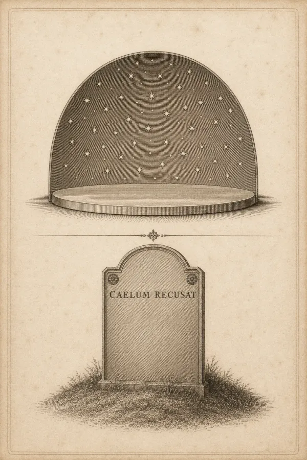 Antique sepia engraving on laid paper: an emblem of a flat circular disc, its face plain, enclosed beneath a hemispherical dome engraved with stars; below a ruled line and a small printer's ornament, an upright grave marker set into a mound of turf, cut with the words CAELUM RECUSAT.