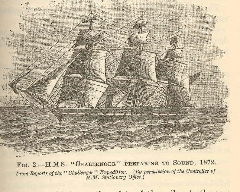 A wood engraving of a three-masted sailing ship on a hatched sea, sails partly furled, with a printed caption beneath reading H.M.S. Challenger preparing to sound, 1872, from Reports of the Challenger Expedition