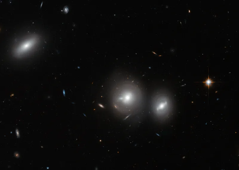 A black field scattered with galaxies. Three large elliptical galaxies dominate, one at the upper left and two near the centre, each a white core inside a soft halo. A bright orange foreground star with four diffraction spikes sits at the right. Dozens of smaller and fainter galaxies, some edge-on, some reddish, some bluish, are spread across the rest of the frame