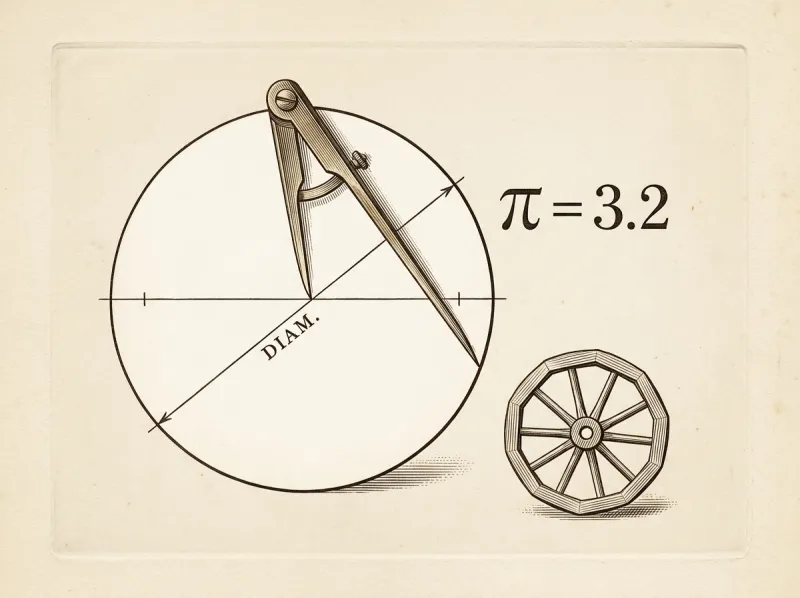 An engraved plate of a circle and its diameter labelled π = 3·2, with a slightly polygonal cartwheel beside it