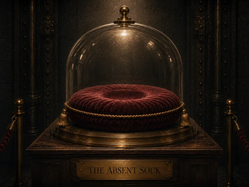 An empty velvet cushion beneath a glass bell jar, behind velvet ropes in a vault, with a small label reading 'The Absent Sock' and no sock upon it