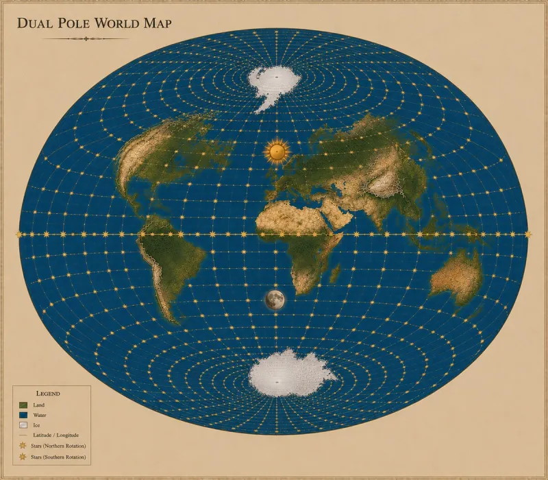 An antique-styled 'Dual Pole World Map': an elliptical flat projection carrying both a northern and a southern polar ice cap, the continents arranged between them, a small Sun and Moon near the centre, and concentric rings of stars labelled for northern and southern rotation