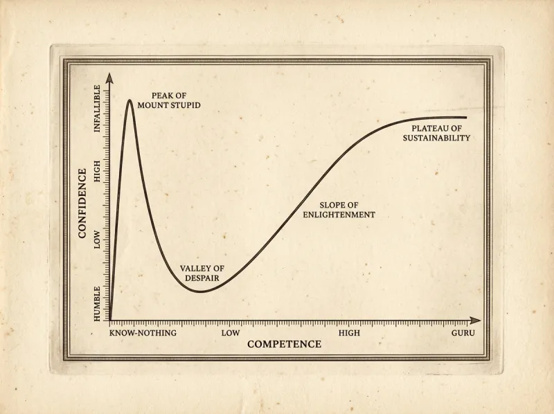 An engraved chart of the popular four-stage Dunning–Kruger curve, from the Peak of Mount Stupid through the Valley of Despair up a Slope of Enlightenment to a high plateau