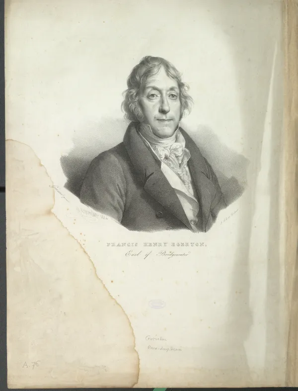 An 1824 lithographed bust portrait of an elderly man with curling light hair, in a dark double-breasted coat over a frilled white shirt and cravat, vignetted on a large water-stained sheet lettered FRANCIS HENRY EGERTON, Earl of Bridgewater