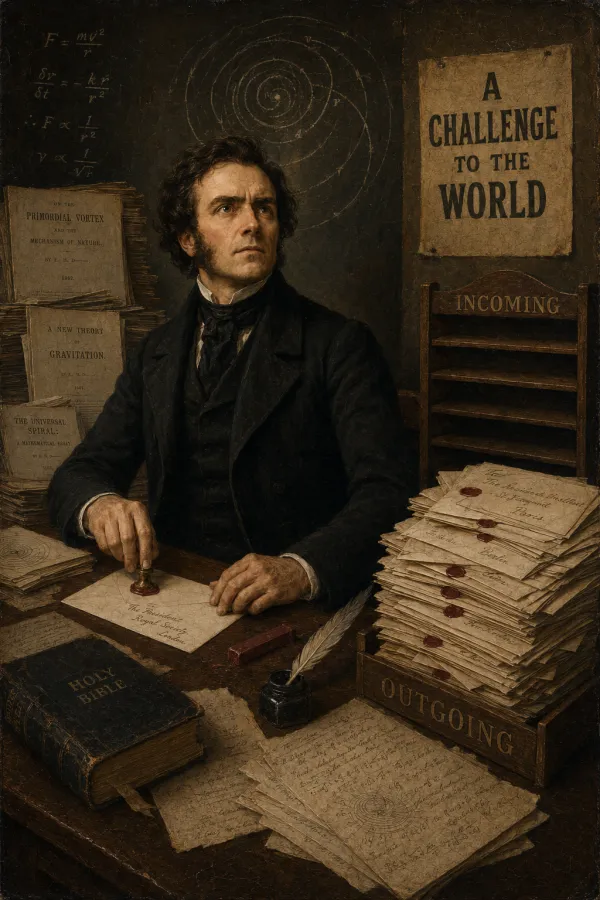 A fervent young Victorian man in black at a cluttered desk, pressing a wax seal onto a letter addressed to the Royal Society; an overflowing OUTGOING box of sealed letters beside him and an empty INCOMING letter-rack behind; a broadside reading 'A CHALLENGE TO THE WORLD' and a chalk spiral diagram on the wall, his pamphlets stacked at left and a Holy Bible on the desk