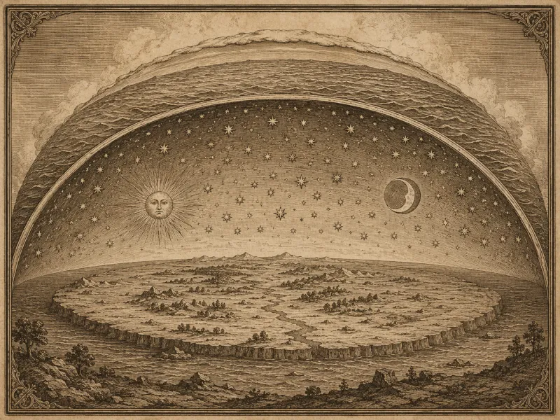 An antique engraved cosmographic plate showing a flat Earth beneath a solid domed sky, with sun, moon, and stars set into the vault and 'waters above' beyond it