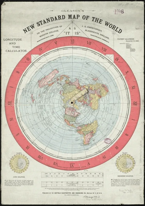 Gleason's 1892 'New Standard Map of the World': a flat azimuthal disc centred on the North Pole, the continents fanning outward, encircled by a ring of clock numerals, the title declaring it the world 'as it is'