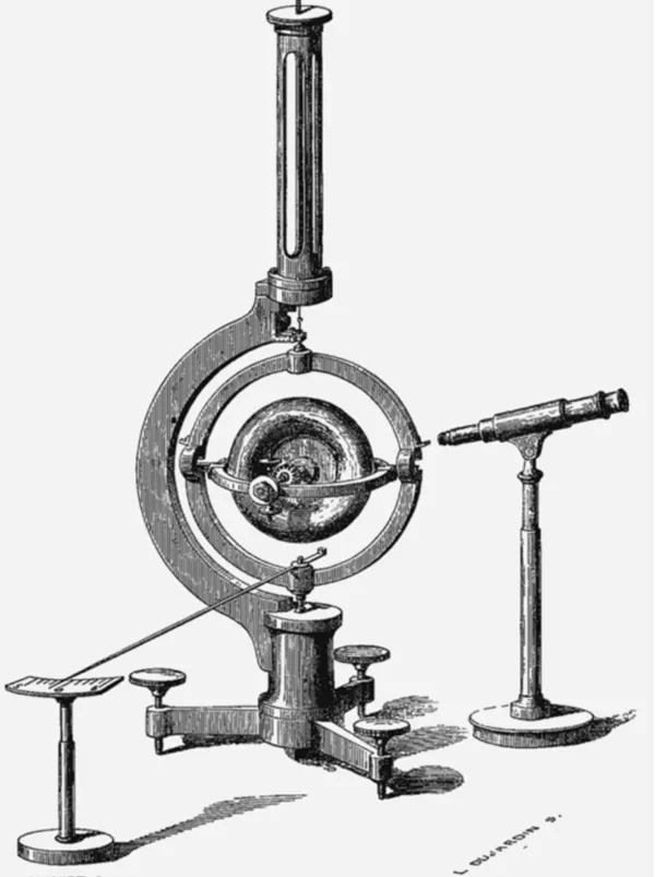 A wood-engraved gyroscope: a heavy rotor carried in gimbal rings within a C-shaped standard, a slender suspension column rising above it, the whole on a three-screw levelling base. A small telescope on its own pillar stands at the right, trained on the rings