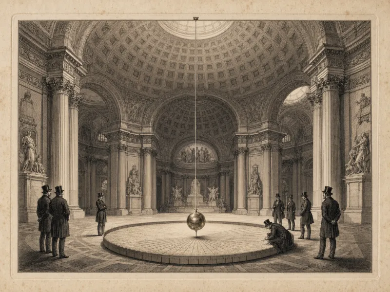 Engraved plate: the interior of the Panthéon in Paris, a fine wire descending from a bracket at the centre of the dome to a brass sphere hanging above a circular bed of sand scored with radiating lines, watched by men in frock coats and top hats, one crouching at the rim to read the marks