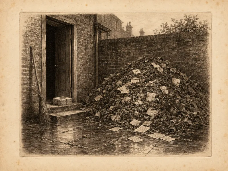 Engraved plate: the yard behind a society's rooms, a midden heap against a brick wall with folded letters half-buried through it and more lying on the wet flagstones, a back door standing ajar with a tied bundle of correspondence on the step, a broom against the wall