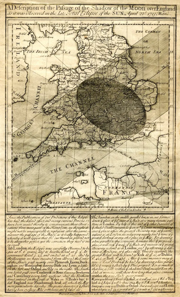 An engraved broadsheet map of England, Wales and the Channel, with a large dark oval shading covering the country from the West Country to the Wash and two straight diagonal lines marking the limits of the shadow, above two columns of engraved text