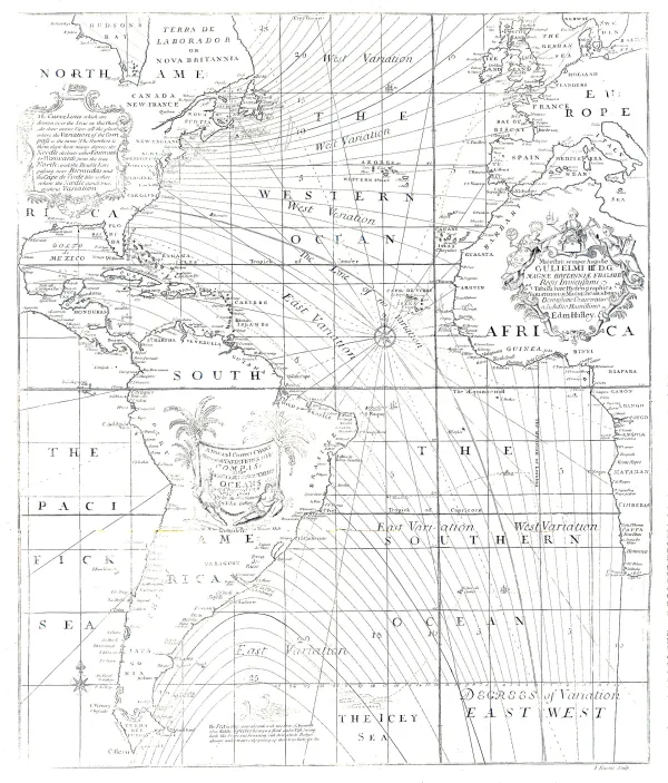 Halley's 1701 chart of the Atlantic: the coasts of the Americas, Europe and Africa in outline, crossed by long curving lines labelled West Variation and East Variation and numbered in degrees, with a dedication cartouche to William III, a compass rose, and a note at the upper left explaining the curve-lines