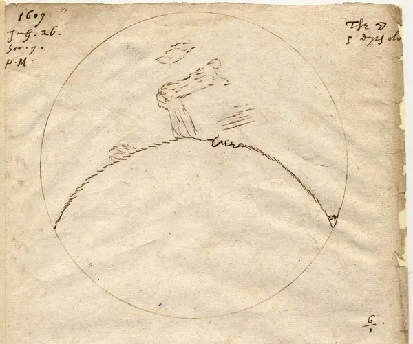 A pen drawing on aged paper: a plain circle enclosing a wavering line across the middle with a few shaded blobs and short hatched strokes above it, and very little else. The sheet is dated in ink at the upper left and annotated at the upper right beside a crescent-moon symbol