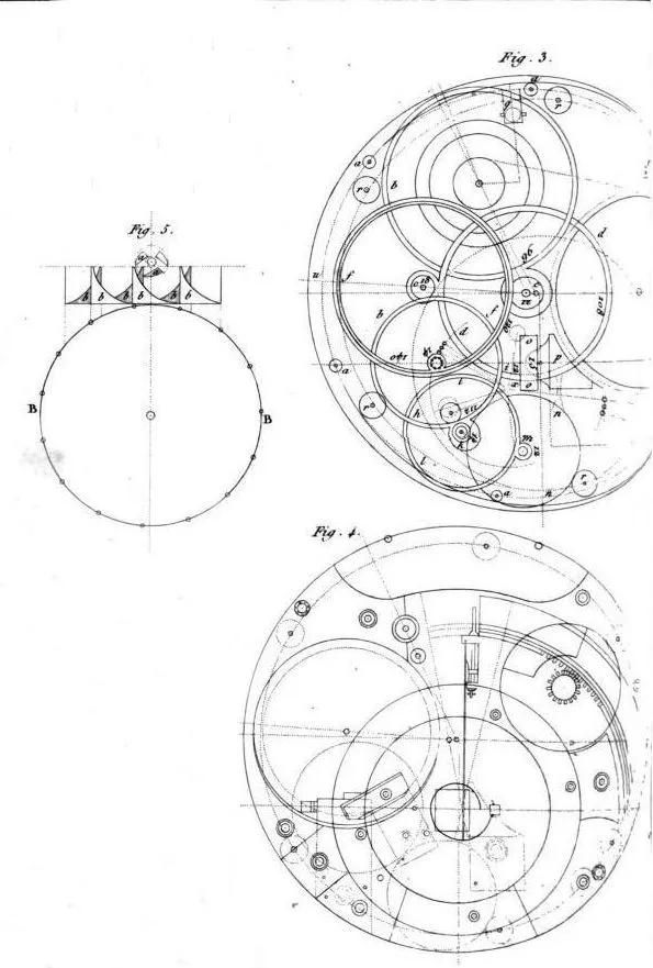 An engraved technical plate of three numbered figures: two large overlapping circular diagrams of a watch movement showing wheel trains, pivots and lettered parts in fine line, and a smaller detail of escapement teeth above a plain circle marked B at each side