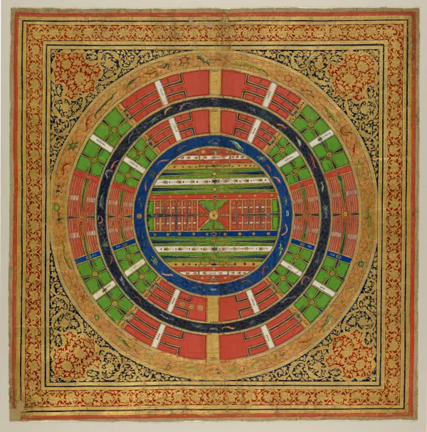 An intricate, vividly coloured circular Jain cosmological map: concentric ring-shaped continents and seas centred on a middle continent, with figurative decoration