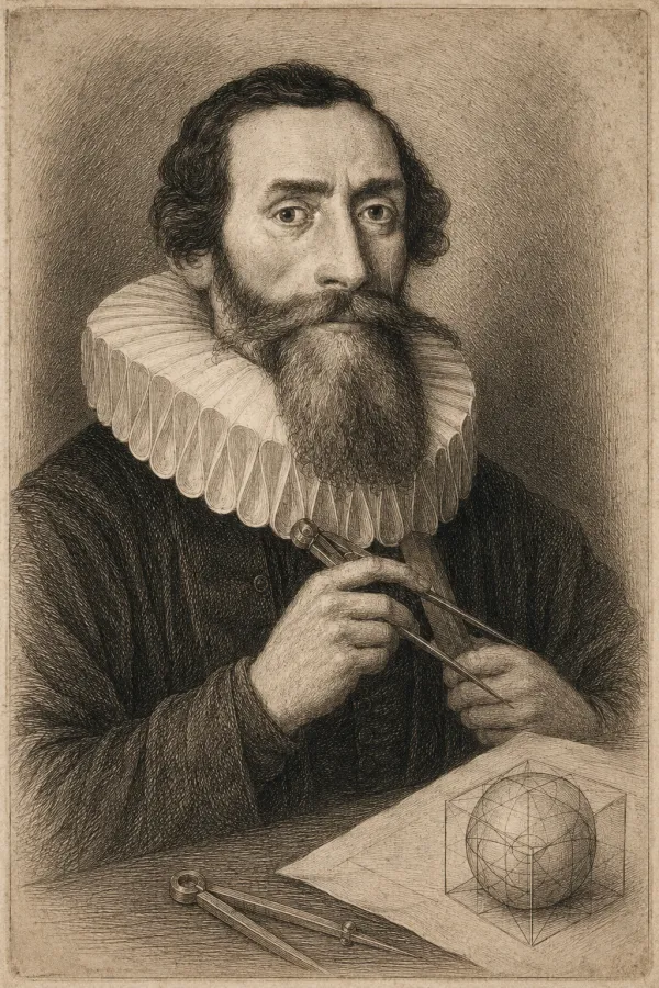 An engraved portrait of a bearded man in a ruff collar holding a pair of dividers over a diagram of nested geometric solids, after the antique manner