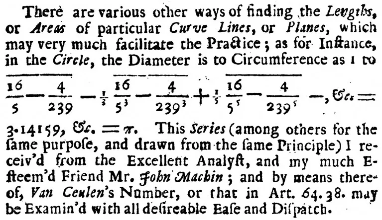 A page of eighteenth-century type reading: in the Circle, the Diameter is to Circumference as 1 to, followed by Machin's series, equalling 3.14159 and then the Greek letter pi; the text goes on to credit the series to Mr John Machin