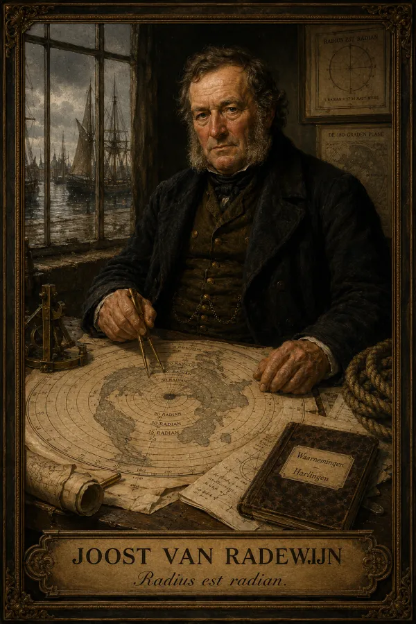 Posthumous portrait of Joost van Radewijn, a weathered Frisian geometer setting brass dividers on a flat circular 'radian' map of the world
