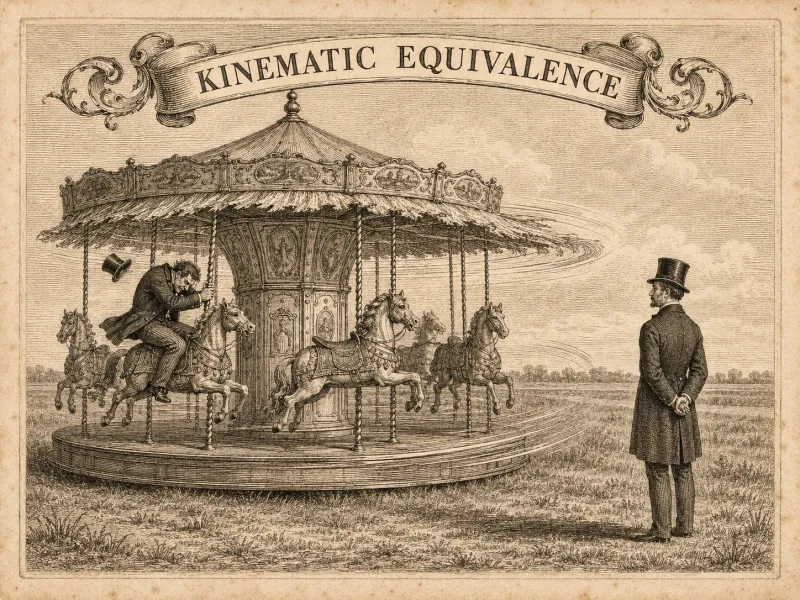 An engraved plate headed KINEMATIC EQUIVALENCE on a banner. A fairground carousel of horses turns in a field, its canopy blurred with motion and one top-hatted rider clinging on with his hat coming off; a second top-hatted man stands still on the grass at the right, hands behind his back, watching