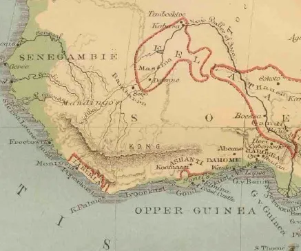 A detail from a colour-printed school atlas plate of West Africa, lettered in Dutch, with Senegambie, Timboektoe, Liberia, Ashanti and Opper-Guinea, and the word KONG spread across a hachured mountain range running east and west through the middle