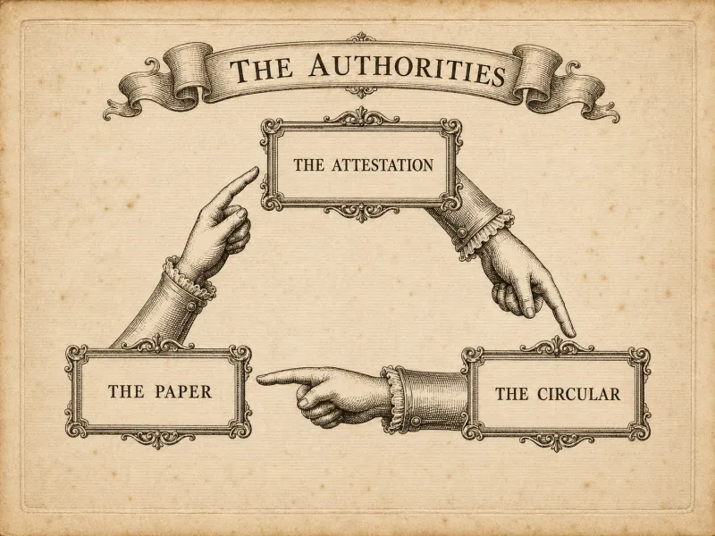 An engraved plate headed THE AUTHORITIES. Three framed cartouches lettered THE ATTESTATION, THE PAPER and THE CIRCULAR, each with a cuffed hand pointing to the next, so that the three point round in a closed ring