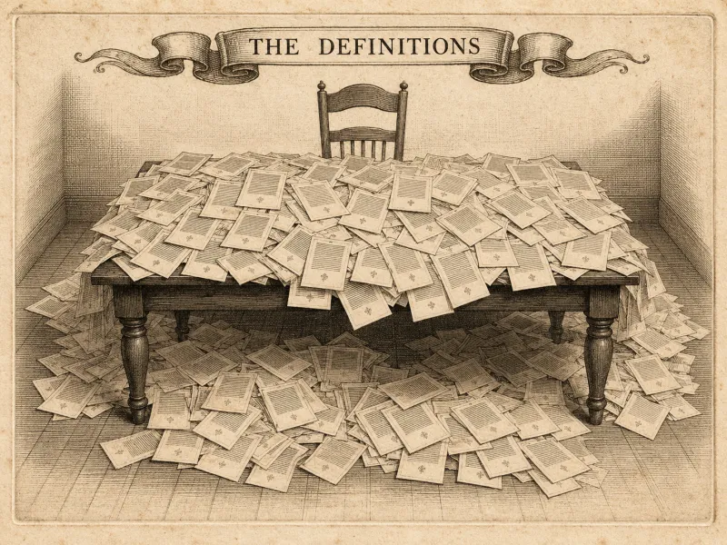 An engraved plate headed THE DEFINITIONS. A plain table in a bare room, buried under hundreds of identical printed slips that spill over its edges and cover the floor around it. A single empty chair stands behind
