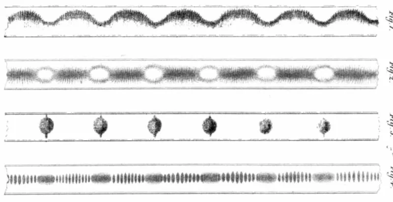 Four horizontal glass tubes drawn in fine engraved line, each containing dust arranged into a regular repeating pattern: a scalloped ridge, lens-shaped heaps separated by clear circular gaps, six discrete round piles, and fine transverse striations with periodic denser patches. Sideways figure numbers run down the right-hand edge
