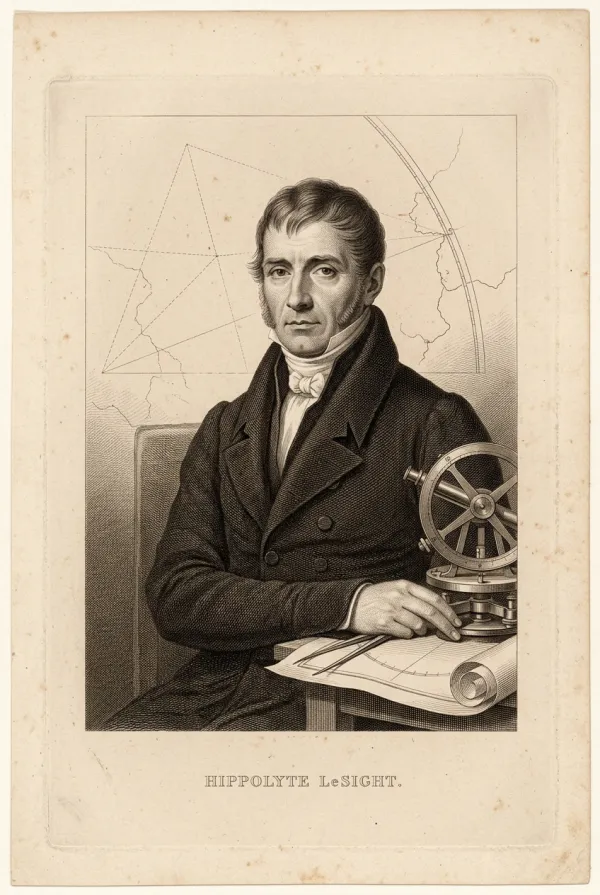 An engraved frontispiece portrait of a French geodesist of about 1815, a brass repeating-circle and rolled meridian chart at his side