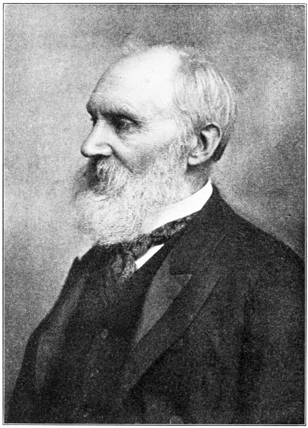 A halftone photograph of an elderly bearded man in profile, facing left, with white hair and a full white beard, wearing a dark coat and a dark cravat, against a plain studio background