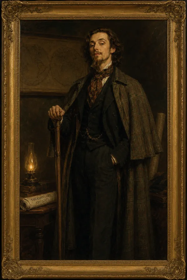 A lean, long-haired Victorian gentleman in a caped travelling coat, one hand resting on a staff, a glowing oil lamp and a rolled broadsheet beside him, a flat dual-pole world map on the wall behind