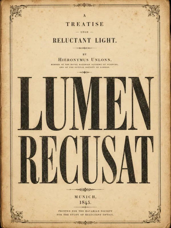 Title page of A Treatise upon Reluctant Light, with the words LUMEN RECUSAT set enormously
