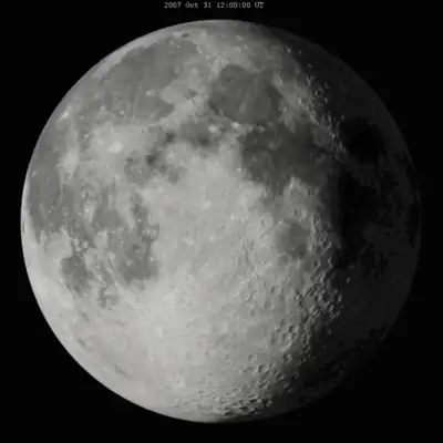 An animation of the Moon through one month, photographed from a fixed point: the disc waxes and wanes while rocking slightly from side to side and nodding up and down, so that a little more of each edge comes into view in turn