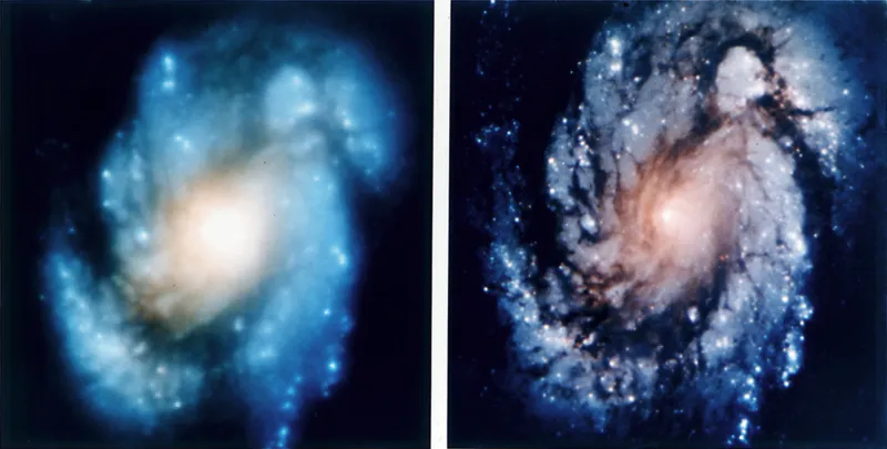 Two square astronomical images side by side of the same galaxy core. On the left a soft blue smear with a diffuse pale centre and only a hint of spiral form. On the right the same object sharp: a defined spiral with dark dust lanes, hundreds of individual blue stars picked out, and a compact warm-toned nucleus