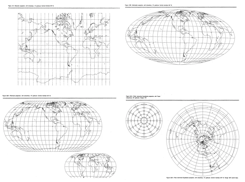Four projection diagrams from the USGS Album of Map Projections: Mercator on a rectangular graticule, Mollweide and Robinson as ellipses, and a polar azimuthal equidistant disc shown both with Tissot's indicatrices and with shorelines