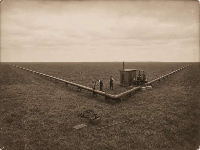 Sepia photograph, 1925: one corner of an enormous rectangle of iron pipe on low wooden trestles, both arms receding to the horizon across a flat ploughed field, with two men at a valve and a belt-driven vacuum pump and wooden hut at the elbow