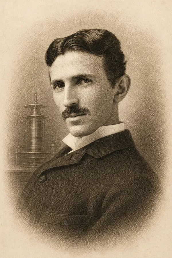 An engraved portrait of a tall, lean, dark-haired man with a narrow mustache in formal Victorian dress, after the antique plate manner