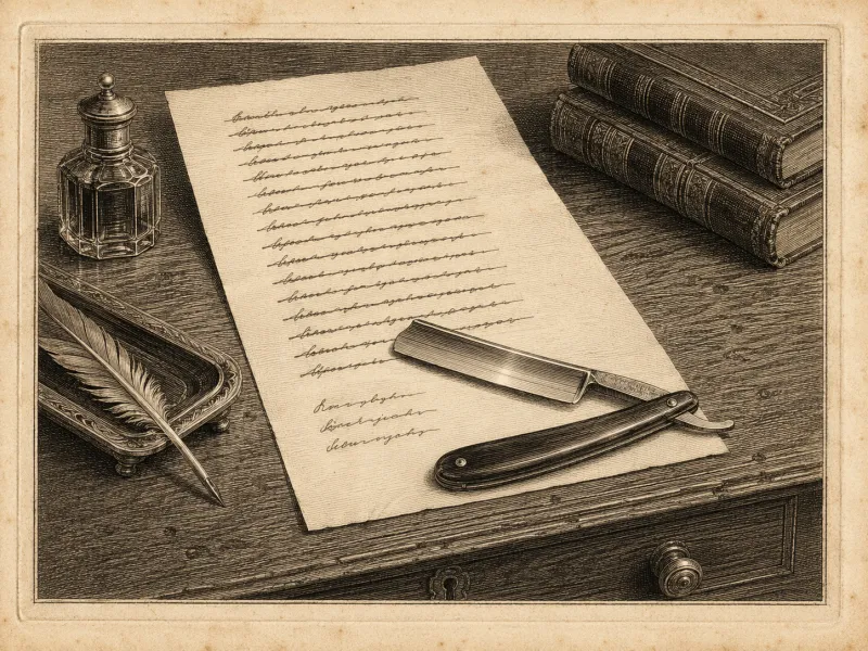 An engraved desk scene: a sheet of manuscript in a close cursive hand lies on a dark wooden writing table with an open straight razor laid across its lower half. An inkwell and a quill in its tray stand at the left, two bound books at the upper right