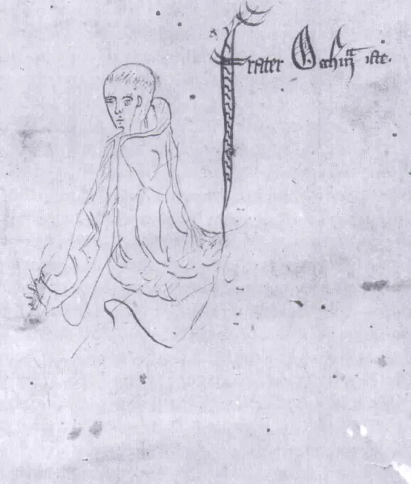 Faint pen sketch in the margin of a medieval manuscript: a hooded friar seen from behind and turning, drawn in thin ink lines, with the words frater Occham iste written beside him in a gothic hand