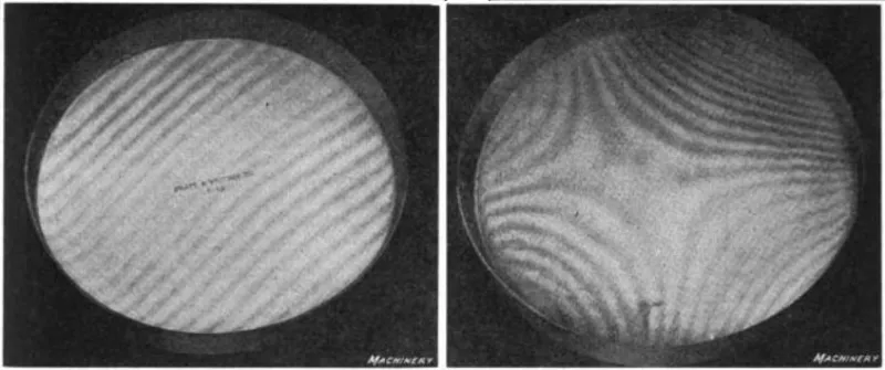 Two side-by-side monochrome photographs of circular glass optical flats resting on surfaces, each crossed by interference fringes: on the left the bands are nearly straight and evenly spaced, on the right they are strongly curved and whorled, converging towards the bottom