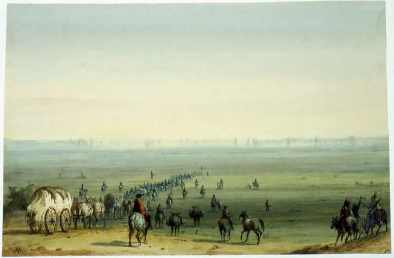 A pale watercolour of a flat prairie under a wide hazy sky: a long caravan of mounted riders, pack animals and a white-topped wagon strung across the middle ground, two figures in feathered headdress on horseback at the right, and across the far distance a silvery band in which clumps of trees appear to stand