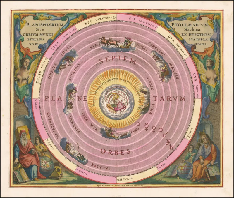 A richly hand-coloured 1660 engraving, 'Planisphaerium Ptolemaicum': the Earth at the centre of concentric planetary spheres and the zodiac, with allegorical figures and the seated astronomer Ptolemy in the corners