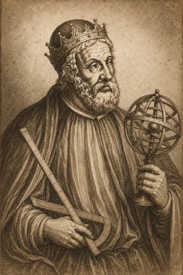 A medieval-style engraved portrait of Ptolemy, robed and wrongly crowned, holding an armillary sphere and a quadrant