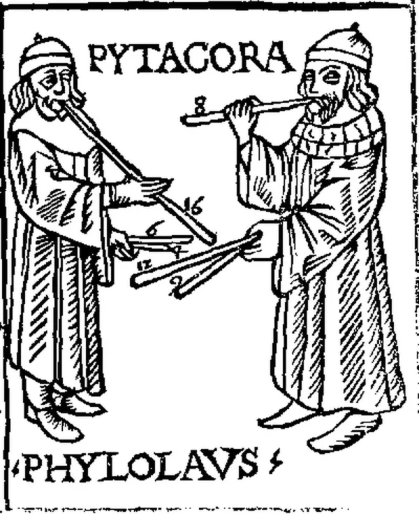 A blockish fifteenth-century woodcut of two robed, bearded men facing each other and blowing into pipes, the word PYTAGORA above them and PHYLOLAVS below, with the pipes and rods between them marked with the numerals 16, 12, 9, 8 and 6