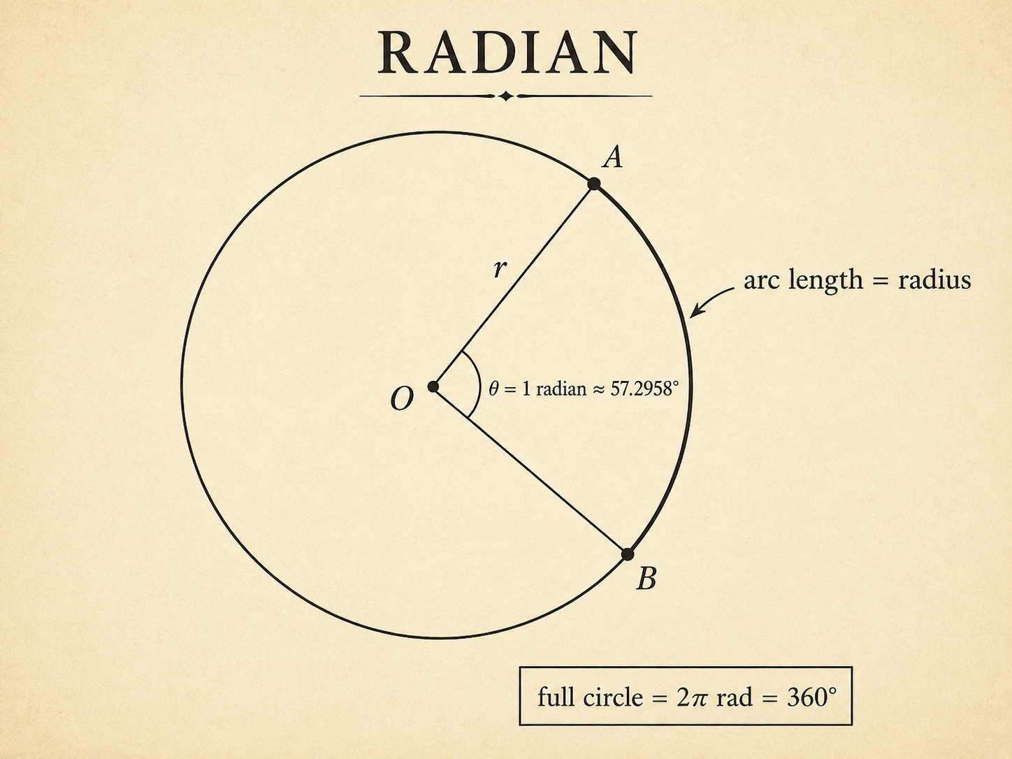 Diagram of a circle with centre O and radius r, the arc from A to B equal in length to the radius, subtending a central angle of one radian ≈ 57.2958°