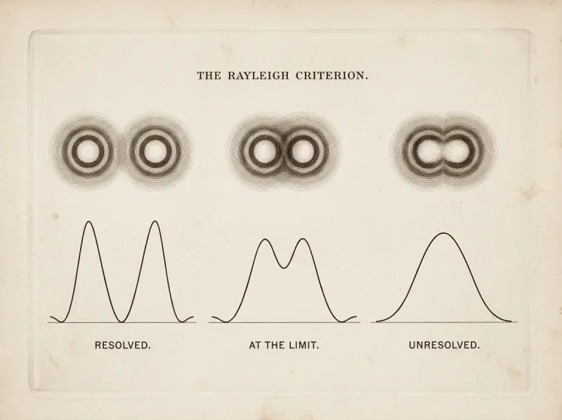 Engraved plate: three pairs of Airy diffraction disks with intensity curves beneath — resolved, at the limit, and unresolved