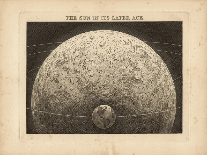 An antique sepia engraving titled 'The Sun in its later age': an enormous swollen sun, its surface a mass of swirling hatched flame, filling the plate, with the tiny globe of the Earth shown to scale in the foreground