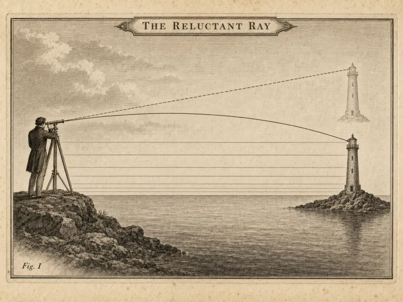 Antique sepia engraving titled 'The Reluctant Ray': a surveyor at a tripod telescope on a rocky shore sights across calm water to a lighthouse. A solid curved ray runs from the lighthouse's lamp room to the telescope; a straight dashed line continues from the same lens to a fainter lighthouse drawn higher above the first. Five horizontal rules across the water mark the layers of the air.